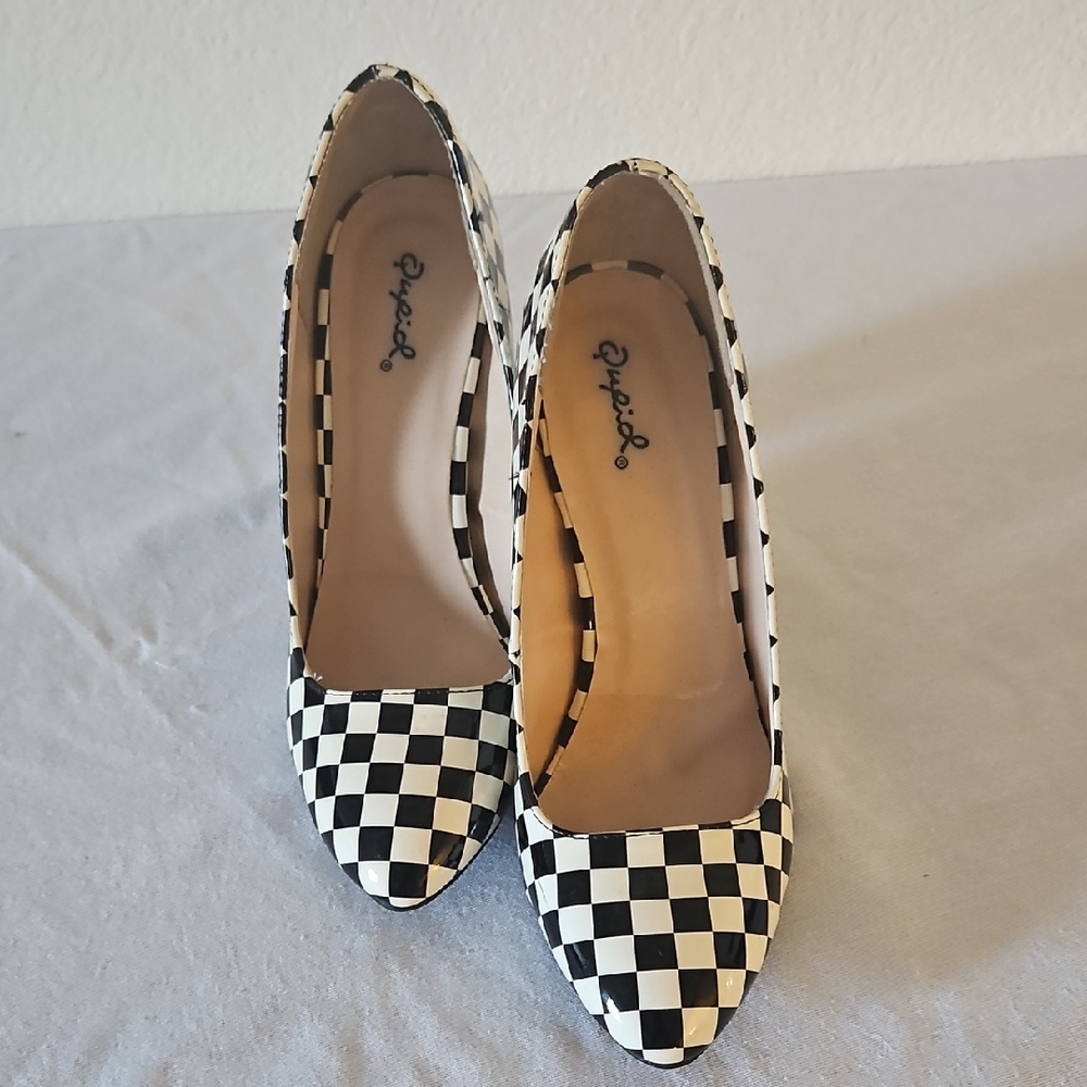 Qupid Black and White Checkered Heels